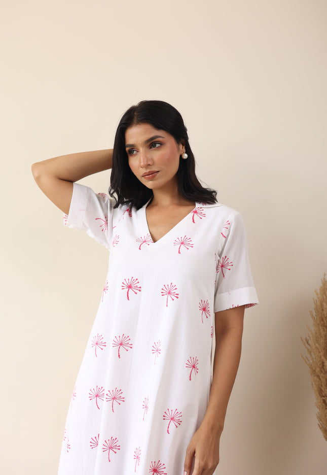 White cotton printed midi dress