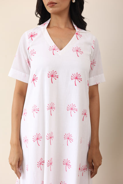 White cotton printed midi dress