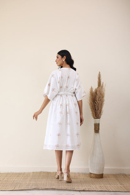 White cotton printed midi dress