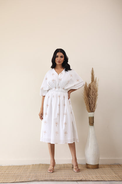 White cotton printed midi dress