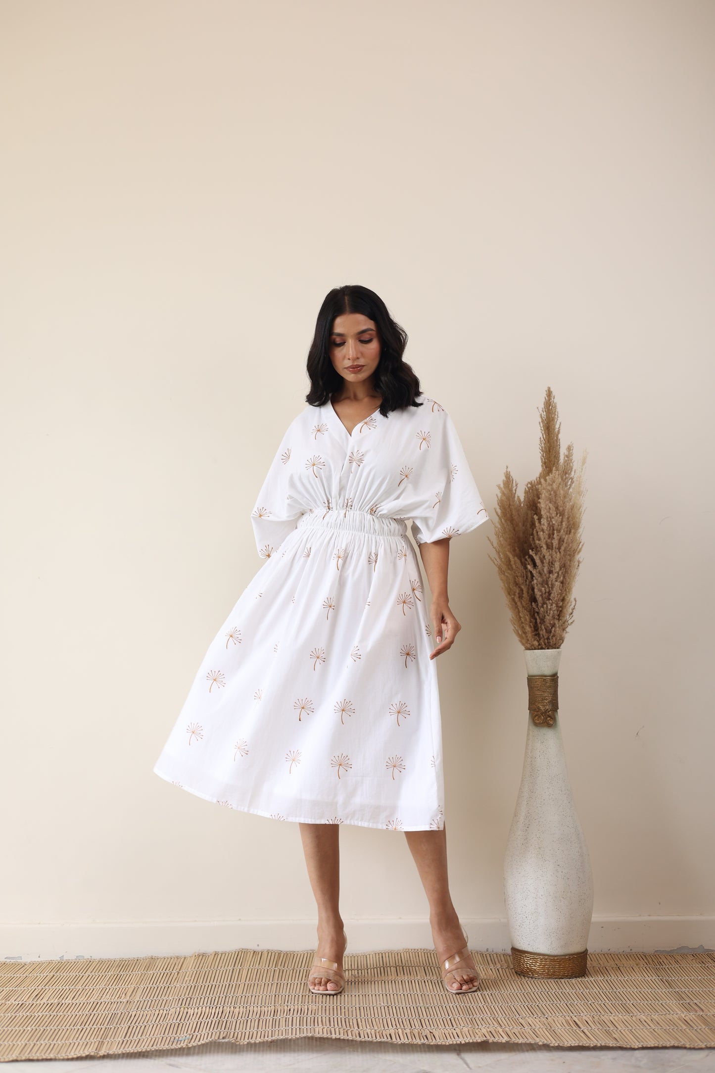 White cotton printed midi dress