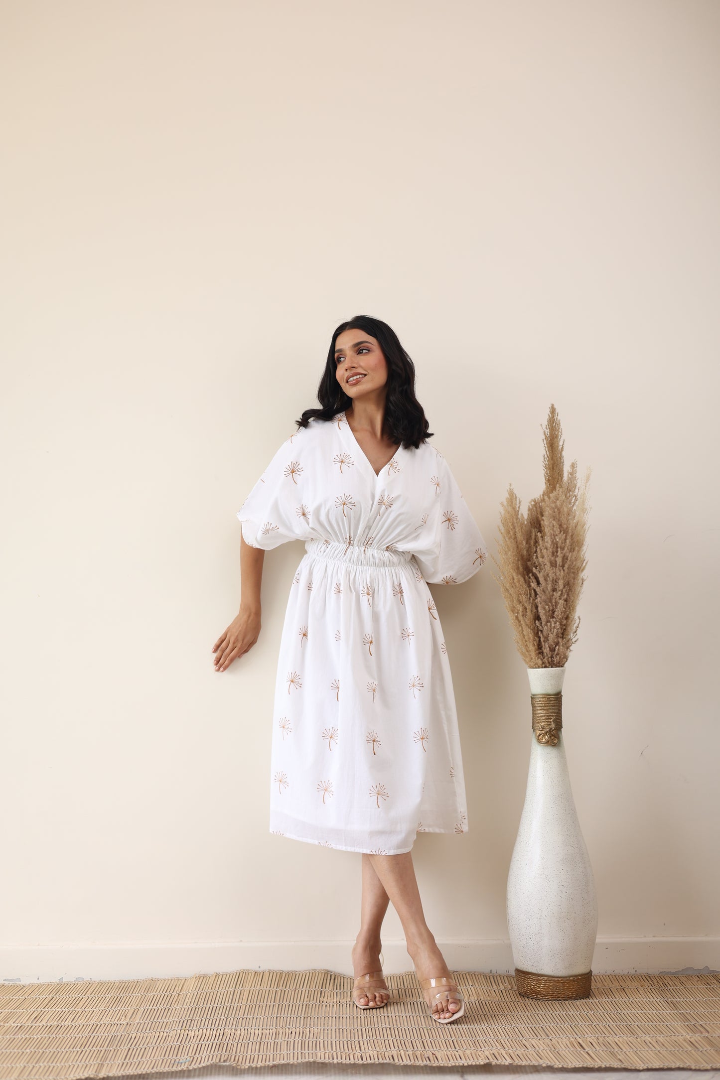 White cotton printed midi dress