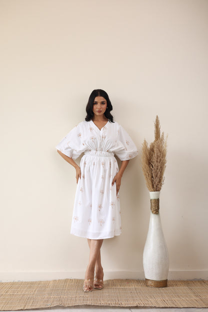 White cotton printed midi dress