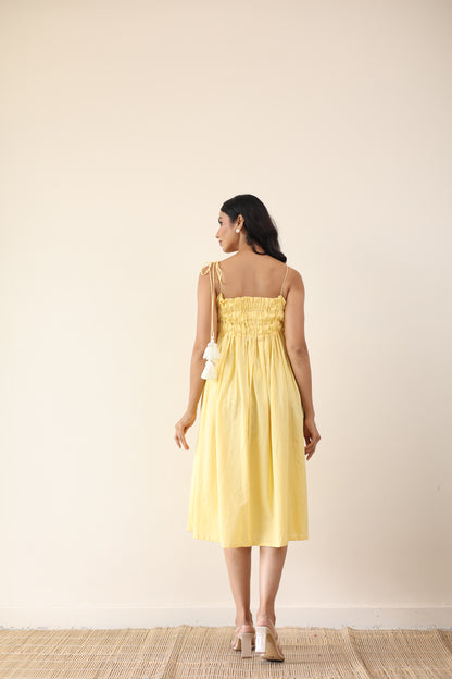 Yellow gathered midi dress