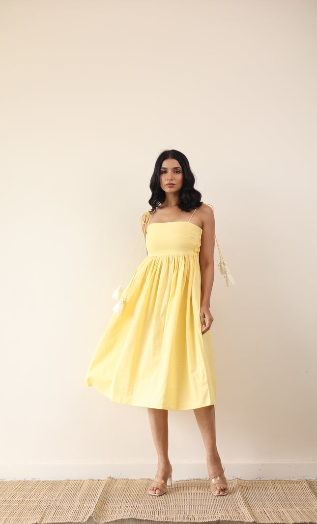 Yellow gathered midi dress