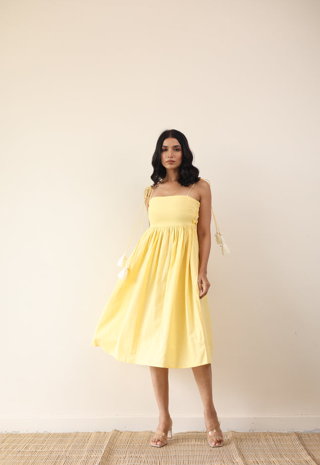 Yellow gathered midi dress