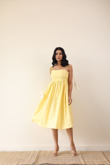 Yellow gathered midi dress