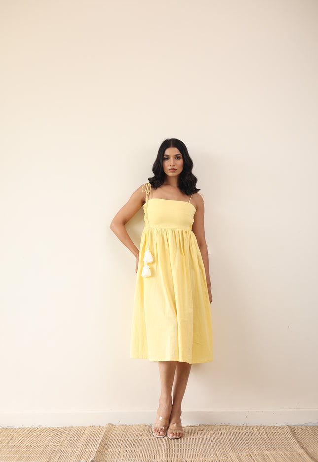 Yellow gathered midi dress