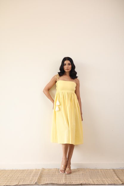 Yellow gathered midi dress