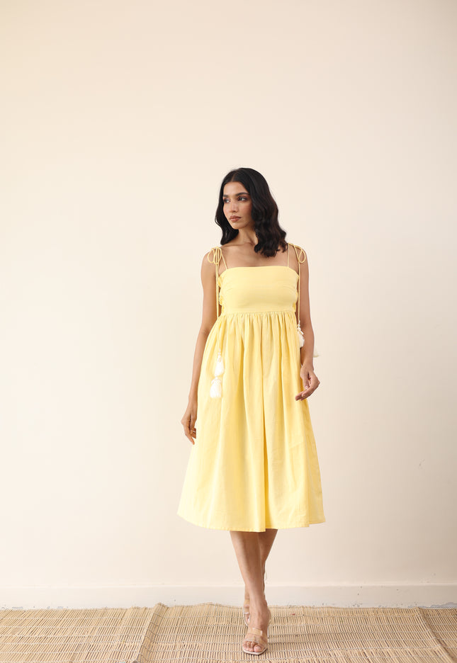Yellow gathered midi dress