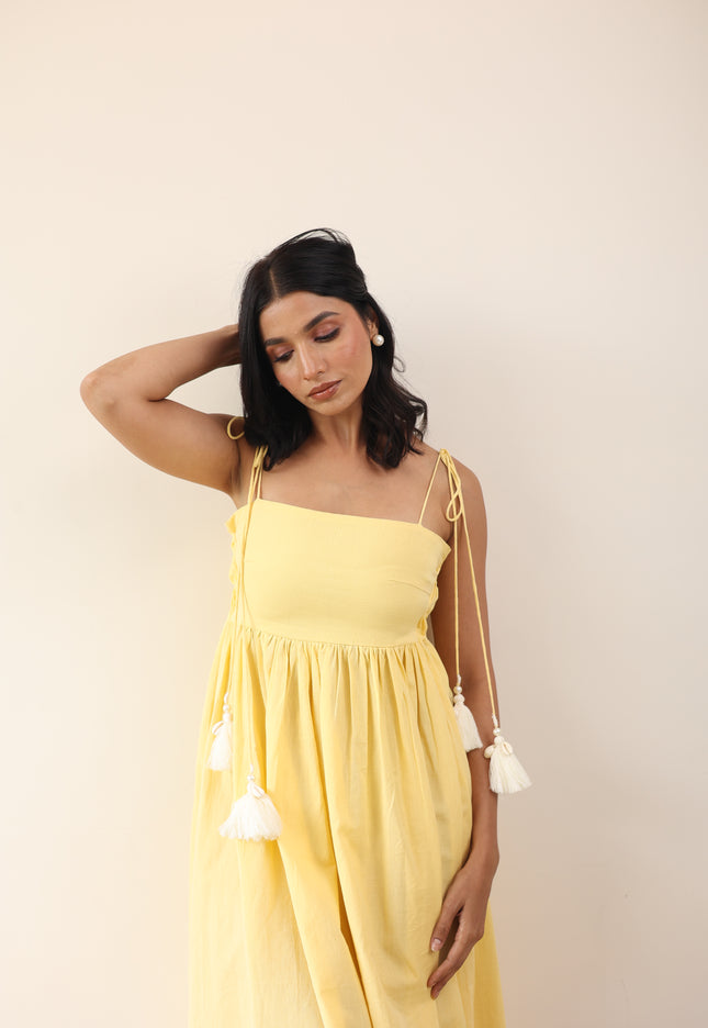 Yellow gathered midi dress