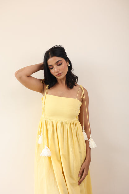 Yellow gathered midi dress