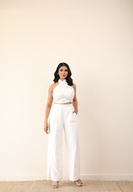White high waist pants with tie up halter neck top
