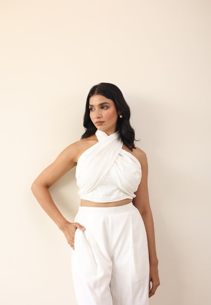 White high waist pants with tie up halter neck top