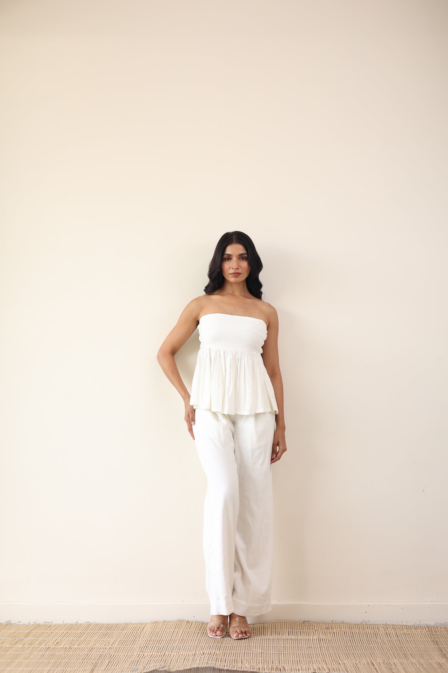 Gathered top and high waist pants