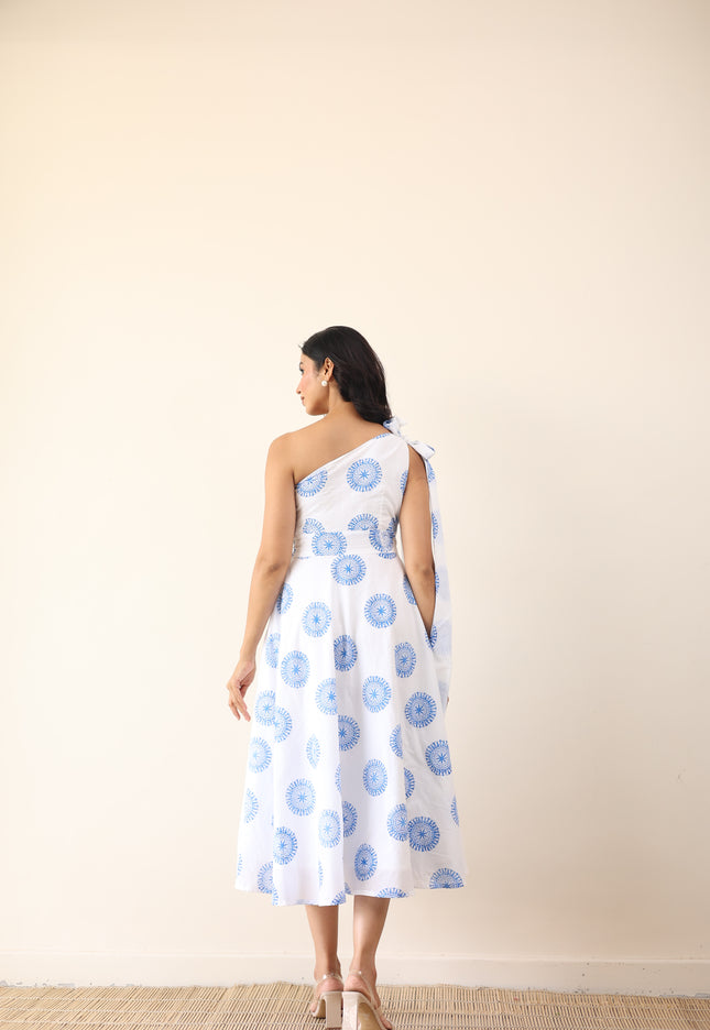 Printed one shoulder long tie-up midi dress