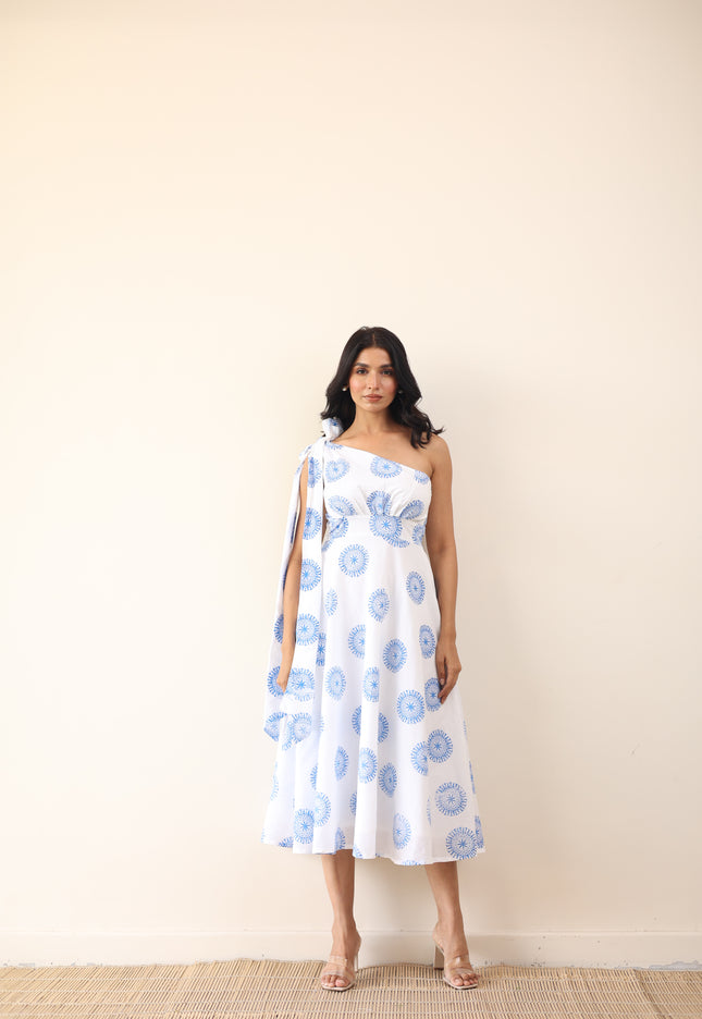 Printed one shoulder long tie-up midi dress