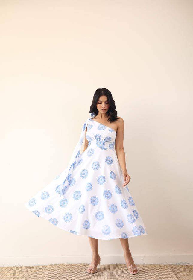 Printed one shoulder long tie-up midi dress