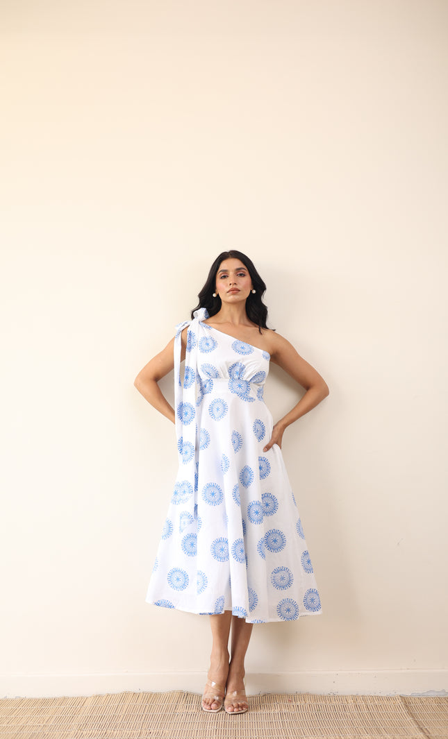 Printed one shoulder long tie-up midi dress