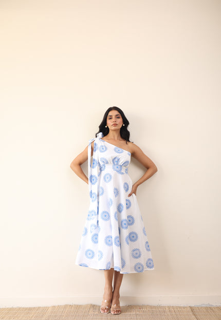 Printed one shoulder long tie-up midi dress