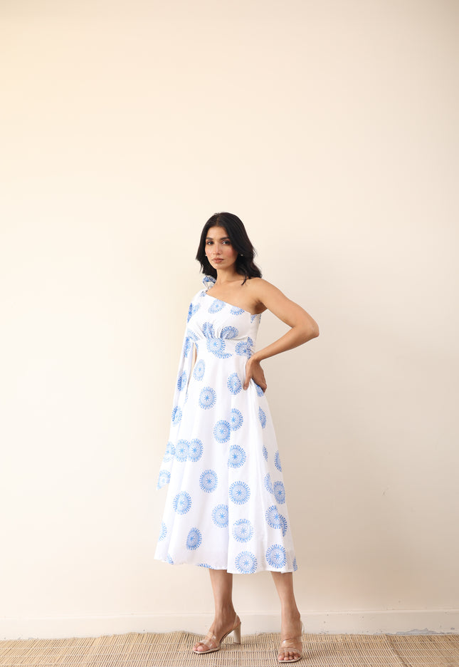 Printed one shoulder long tie-up midi dress