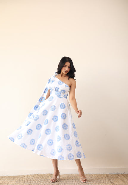 Printed one shoulder long tie-up midi dress