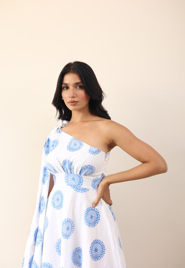 Printed one shoulder long tie-up midi dress