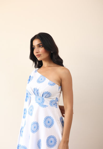 Printed one shoulder long tie-up midi dress