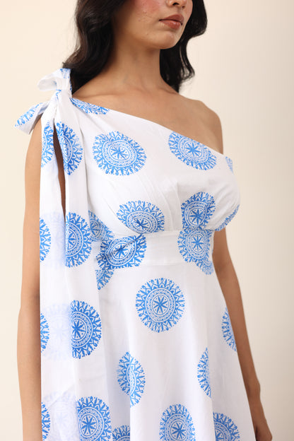 Printed one shoulder long tie-up midi dress