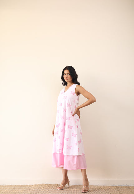 Cotton double layered printed midi dress