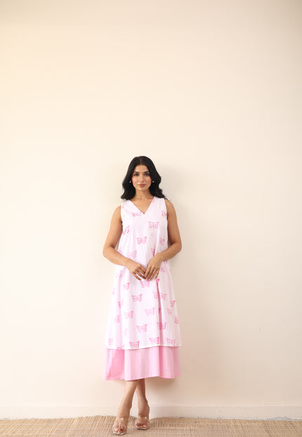 Cotton double layered printed midi dress