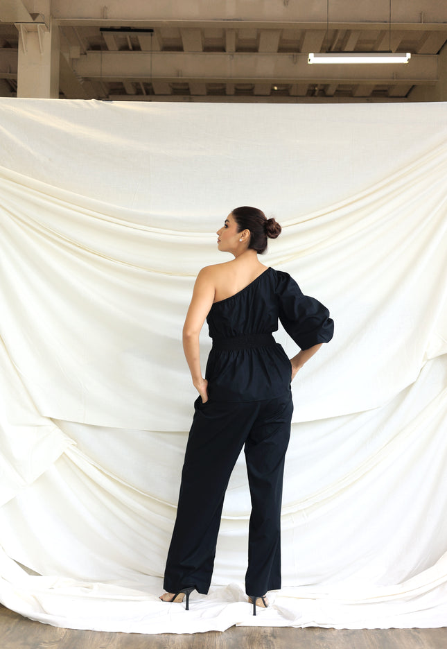 Black co-ord trouser and one shoulder top