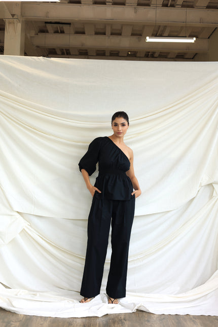 Black co-ord trouser and one shoulder top