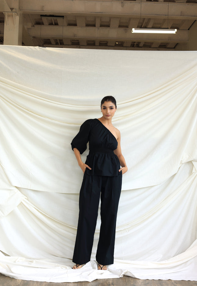 Black co-ord trouser and one shoulder top