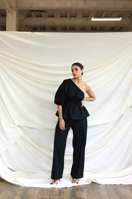 Black co-ord trouser and one shoulder top