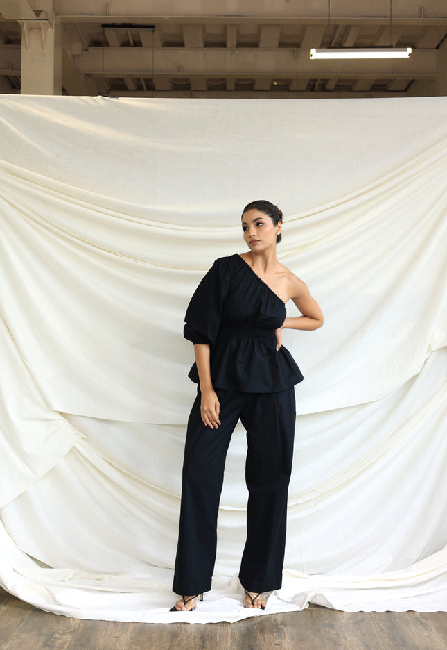 Black co-ord trouser and one shoulder top