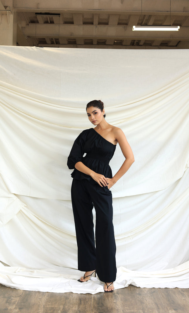 Black co-ord trouser and one shoulder top