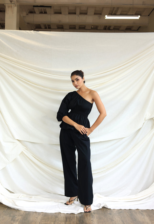 Black co-ord trouser and one shoulder top