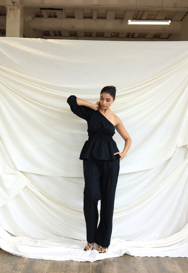 Black co-ord trouser and one shoulder top
