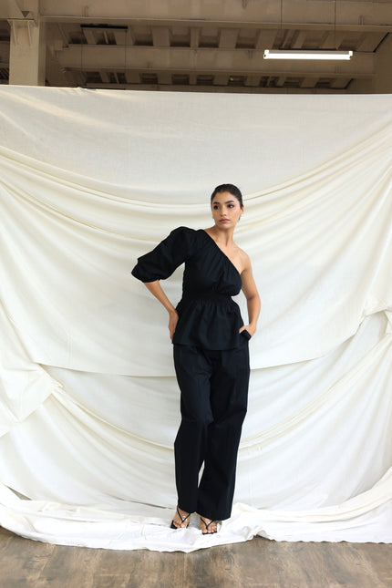 Black co-ord trouser and one shoulder top