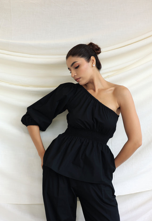 Black co-ord trouser and one shoulder top