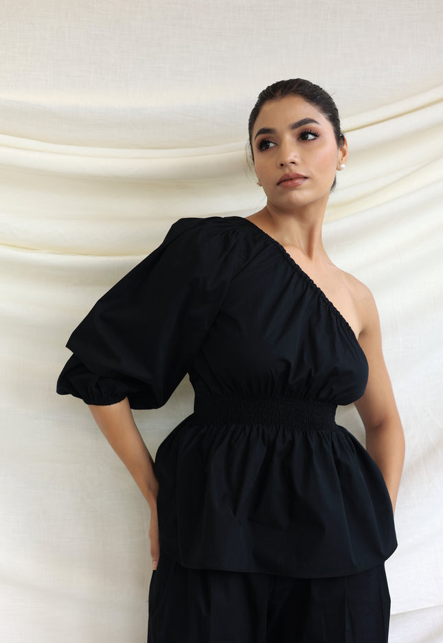 Black co-ord trouser and one shoulder top