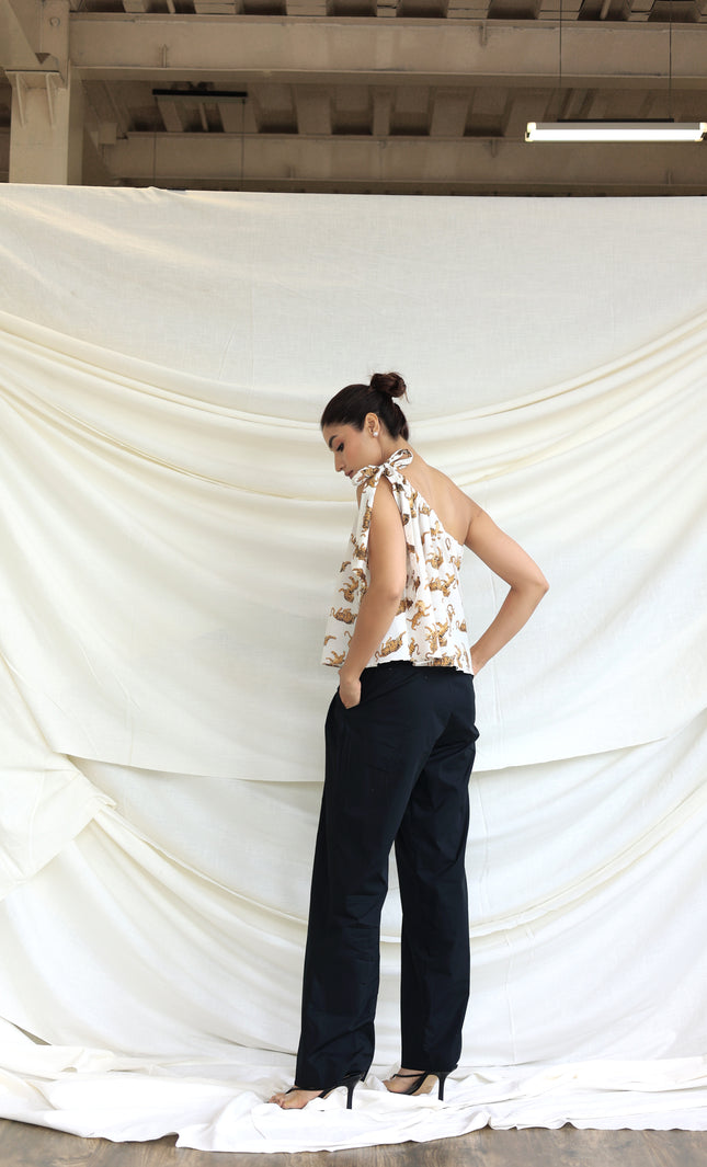 Printed one shoulder tie-up top