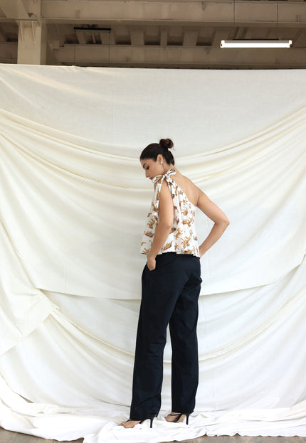 Printed one shoulder tie-up top
