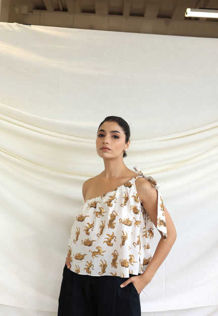 Printed one shoulder tie-up top