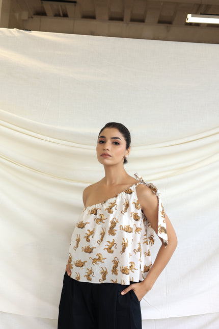 Printed one shoulder tie-up top