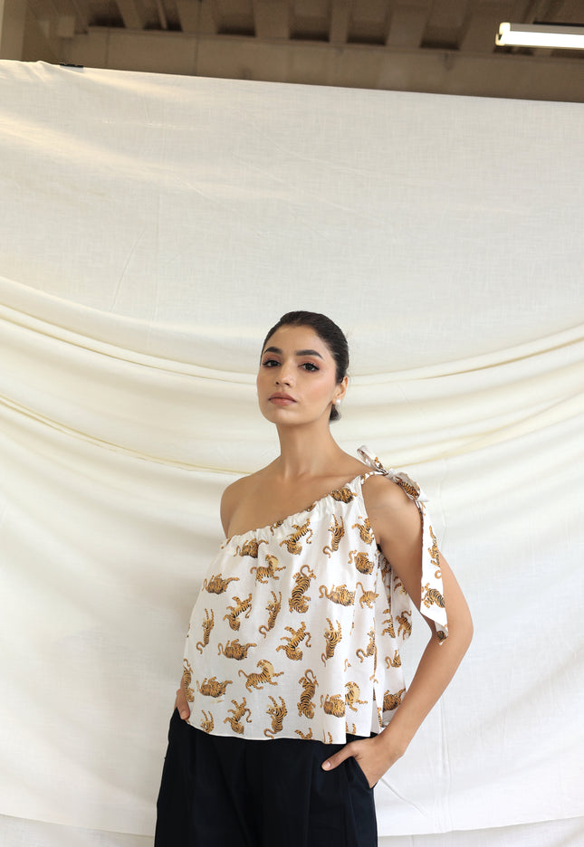 Printed one shoulder tie-up top