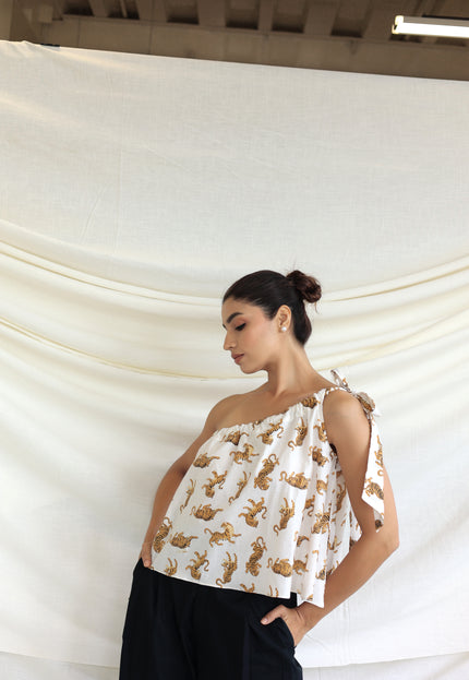 Printed one shoulder tie-up top
