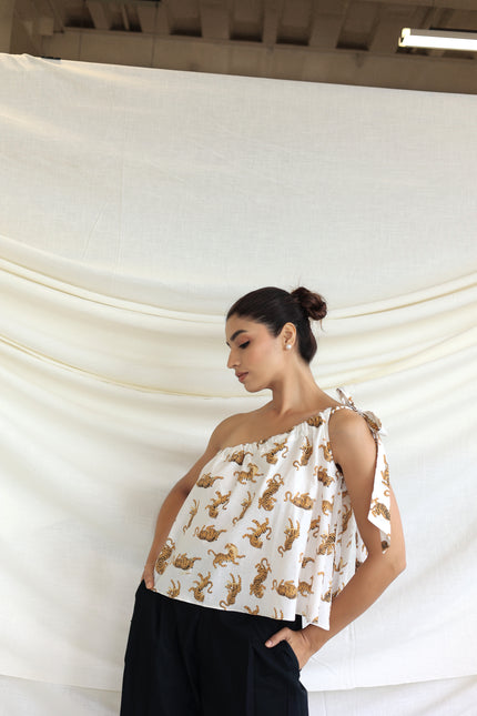 Printed one shoulder tie-up top