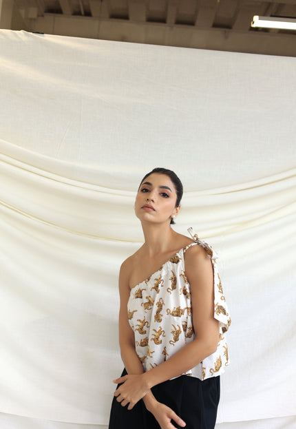 Printed one shoulder tie-up top